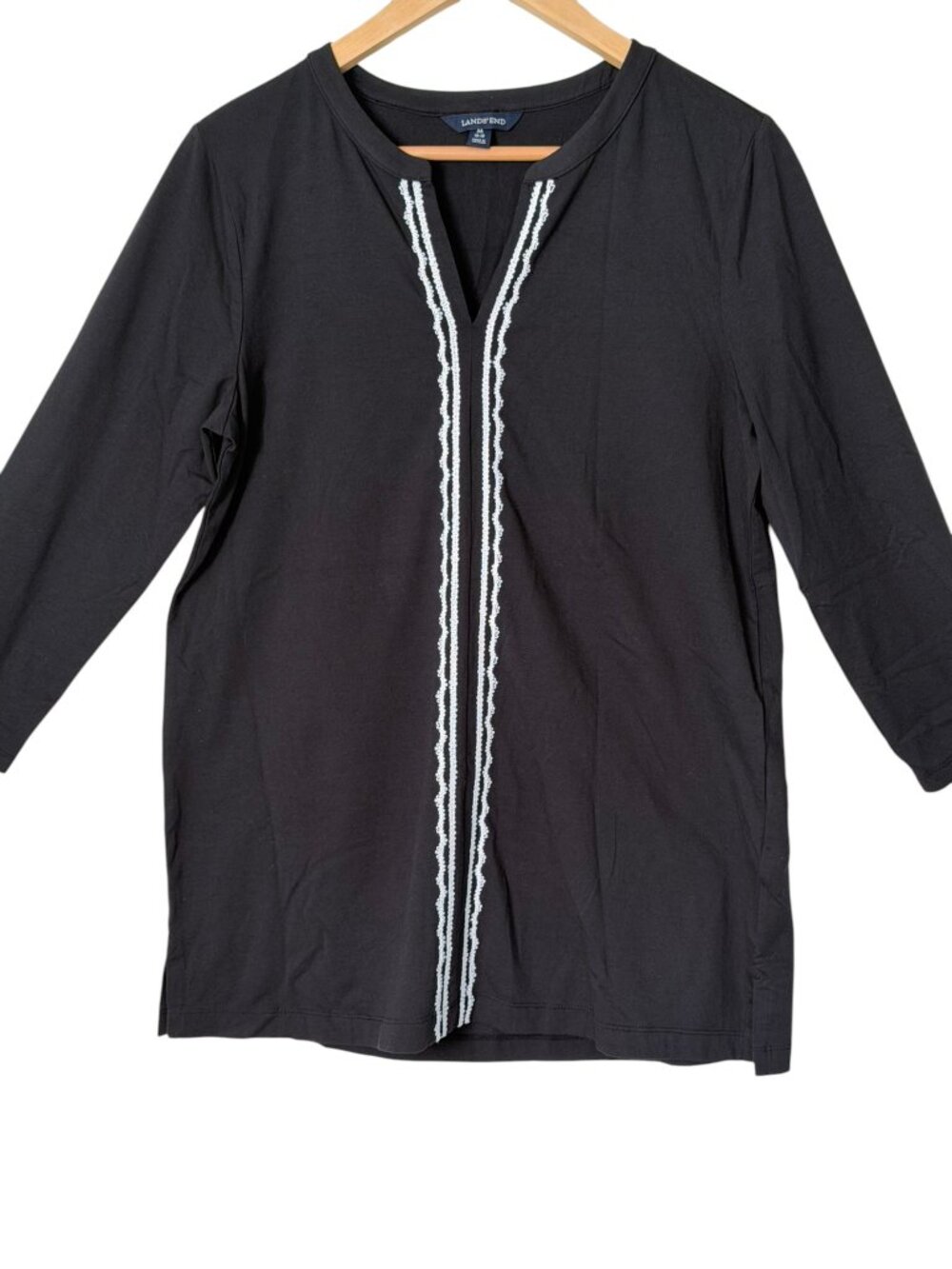 Lands' End Embroidered Trim Split Neck Cotton-Blend Tunic Boho Top Black M 10-12